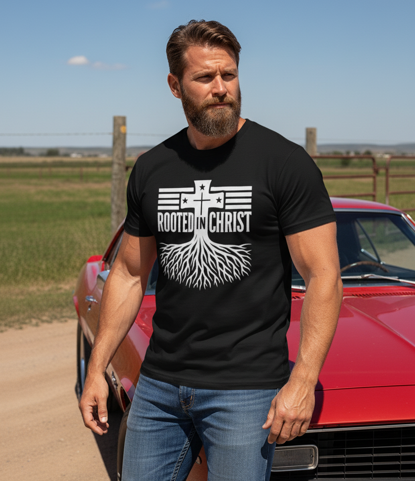 Patriotic 'Rooted In Christ' American Flag Cross T-Shirt - Whiteout Version