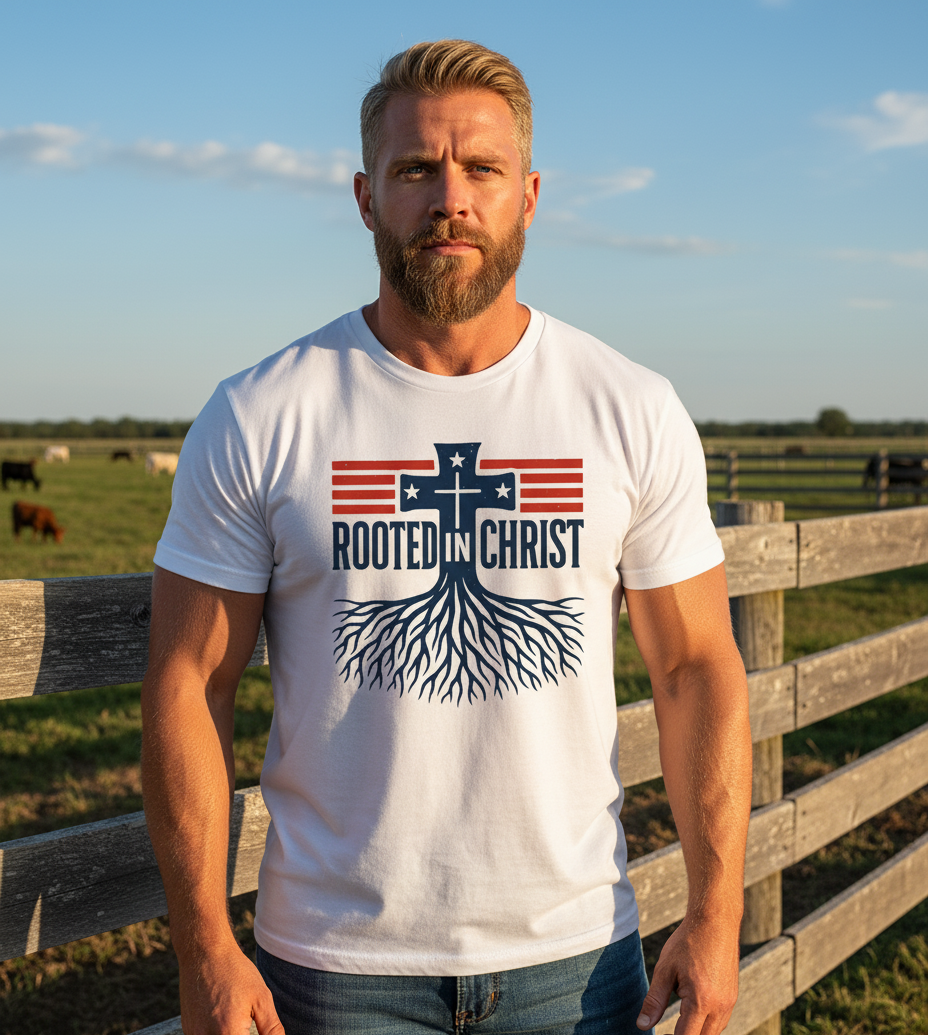 Patriotic 'Rooted In Christ' American Flag Cross Tee - Full Color