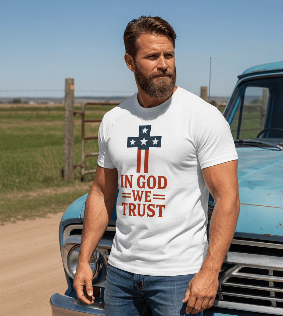 “In God We Trust” Cross Tee – Faith, Freedom & American Pride Shirt
