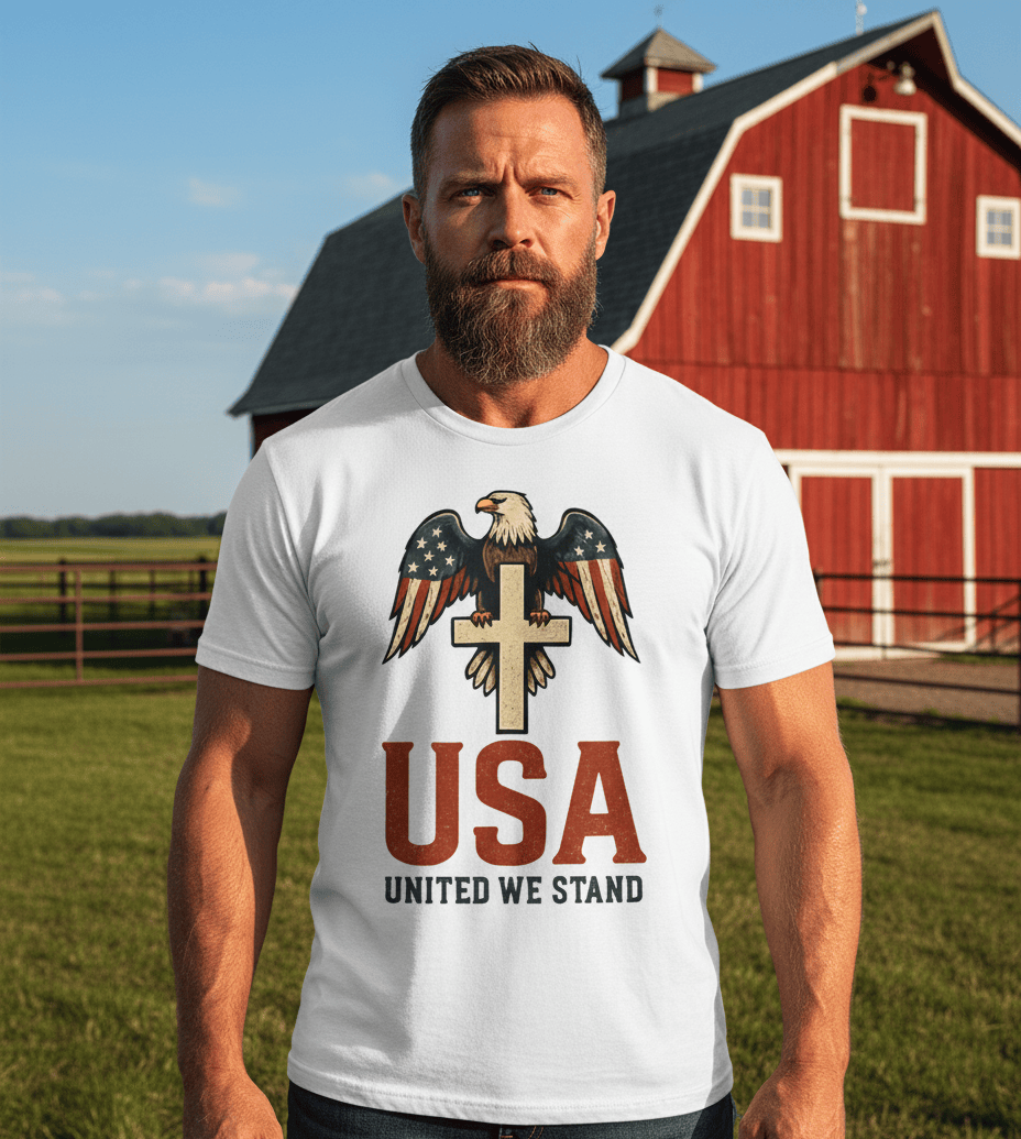 USA “United We Stand” Eagle & Cross Tee – Faith, Freedom & American Patriot Shirt